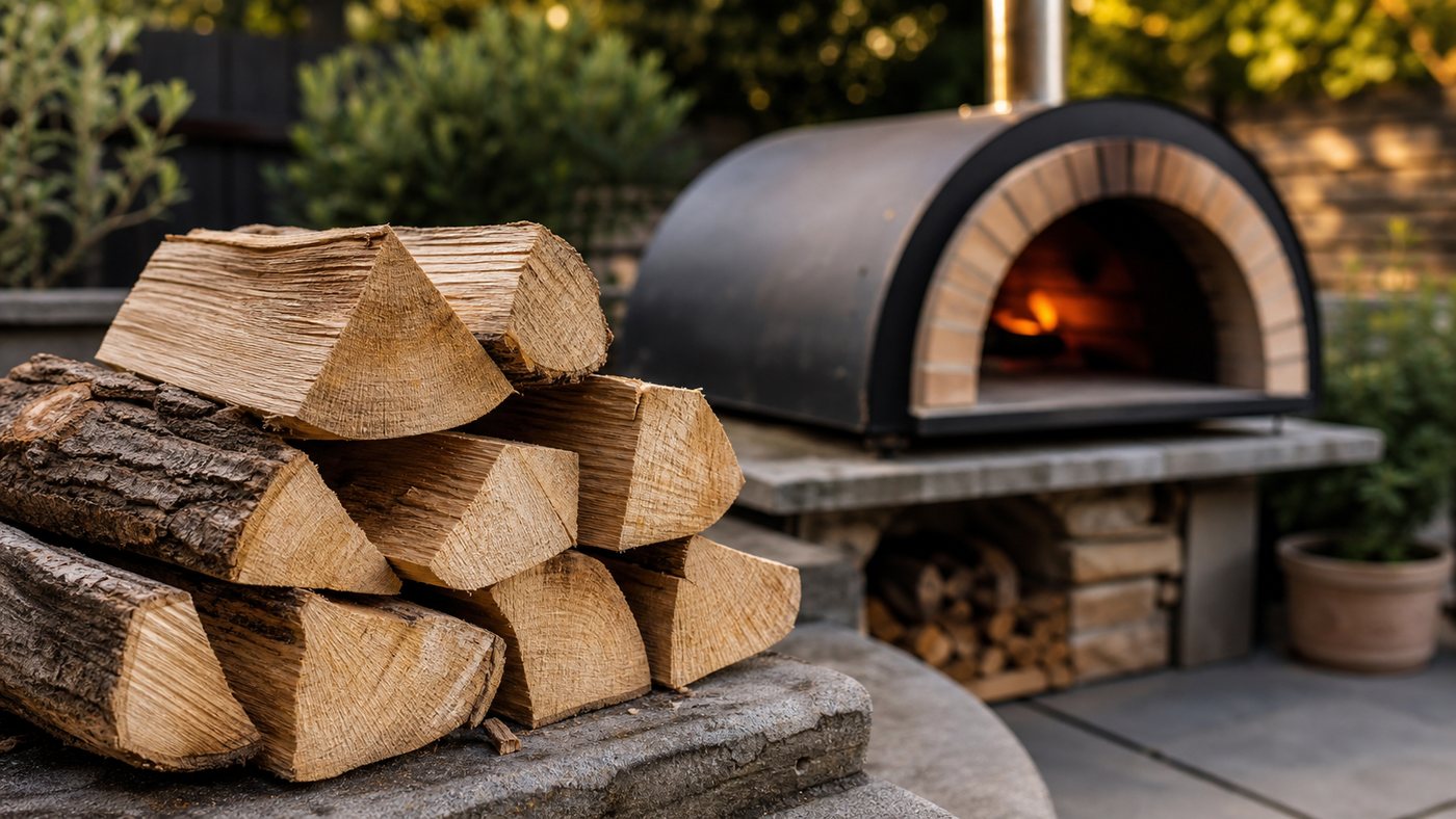 Dry split logs beside an outdoor pizza oven