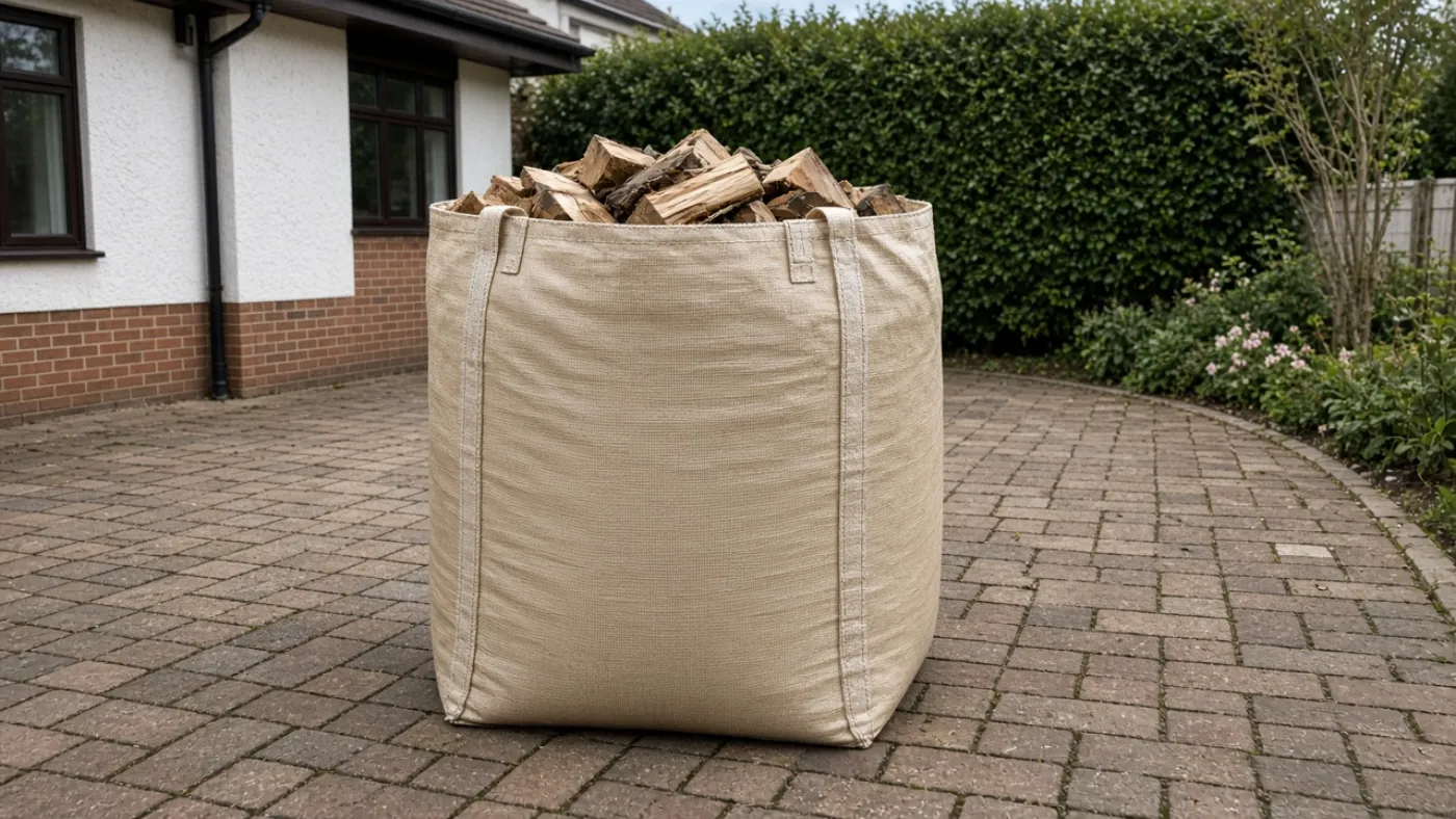 Full bulk bag of split firewood standing on a UK block-paved driveway