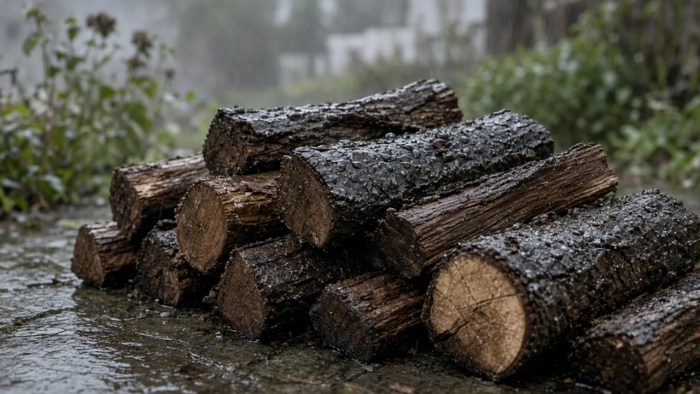 Wet unsplit logs stacked in the rain with water beading on the bark