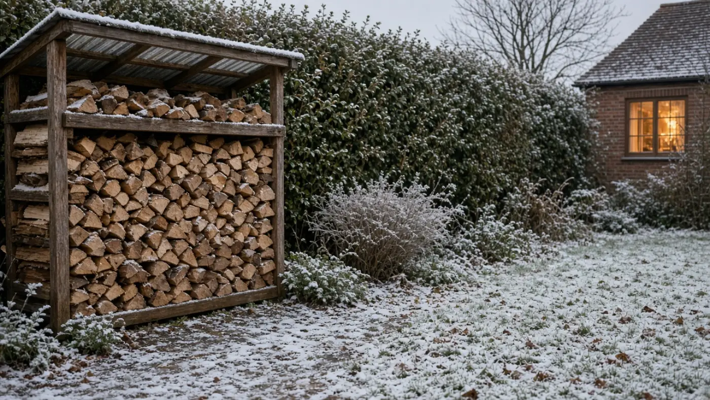 Frosted garden log store filled with dry split logs after light snow