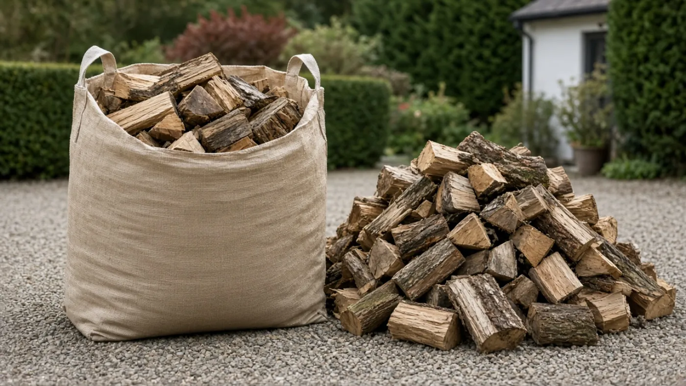 Bulk bag of split logs beside a loose pile of firewood on a gravel drive