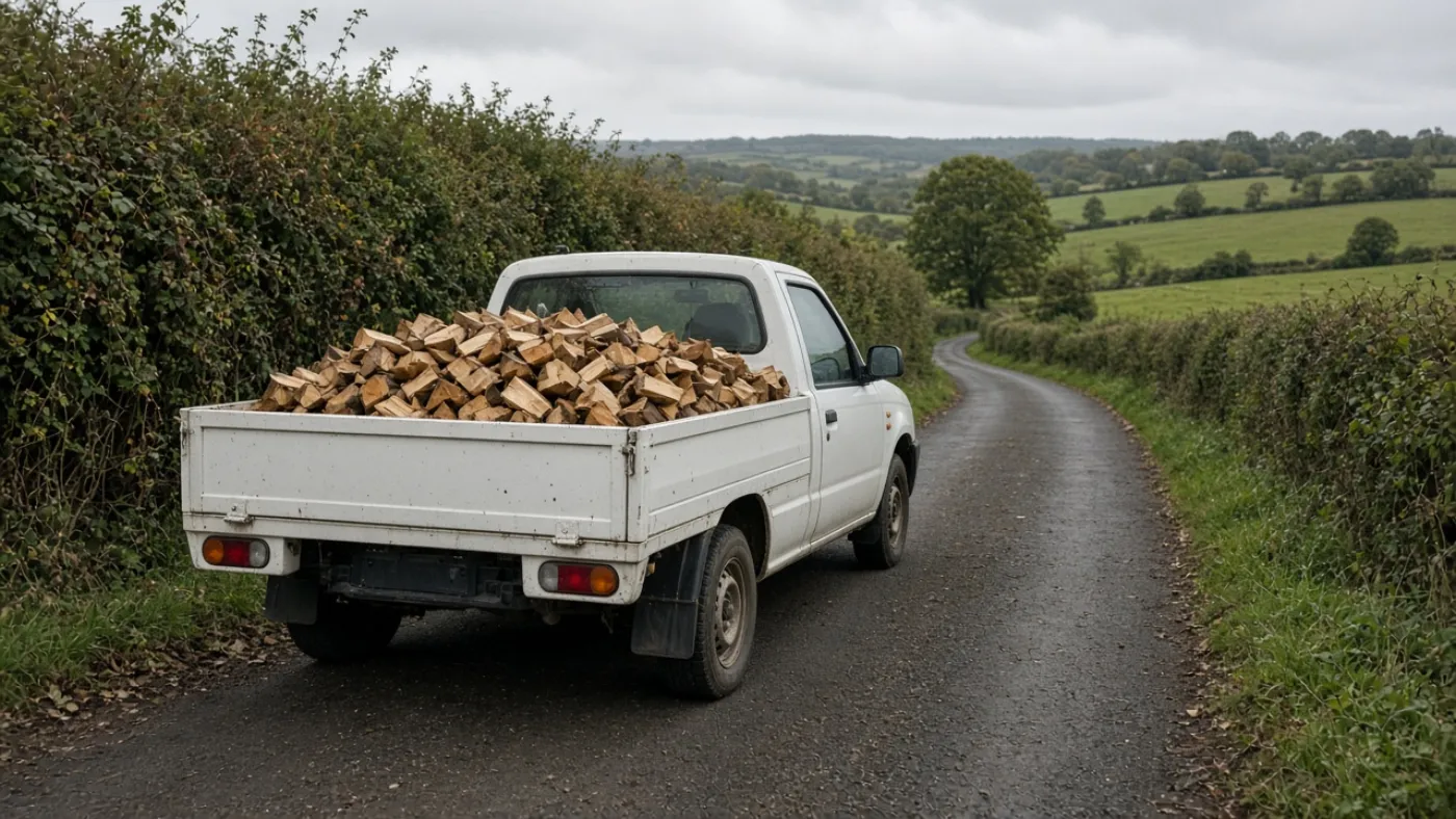White pickup truck loaded with split firewood on a rural Sussex lane