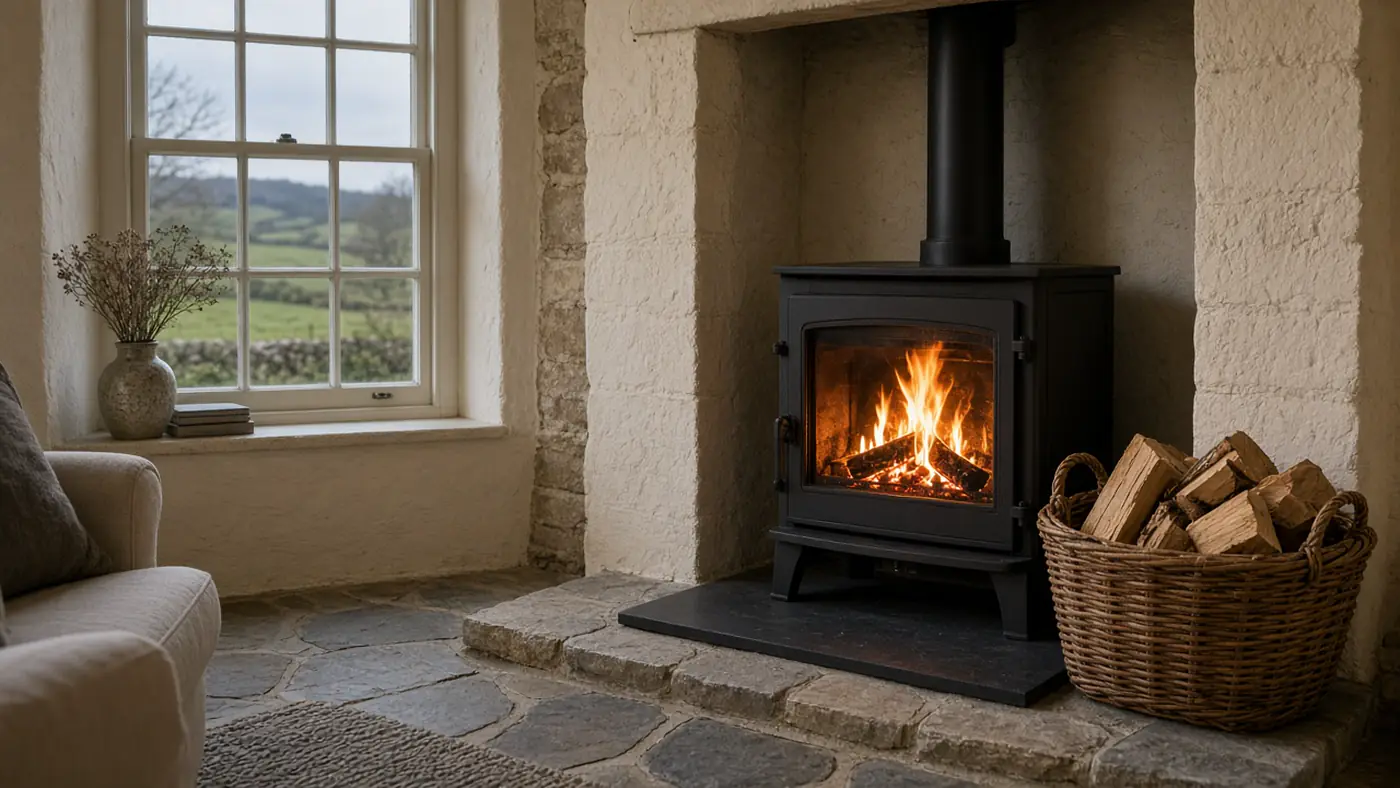Black wood stove with a bright fire beside a wicker basket of split logs in a cottage with a countryside window
