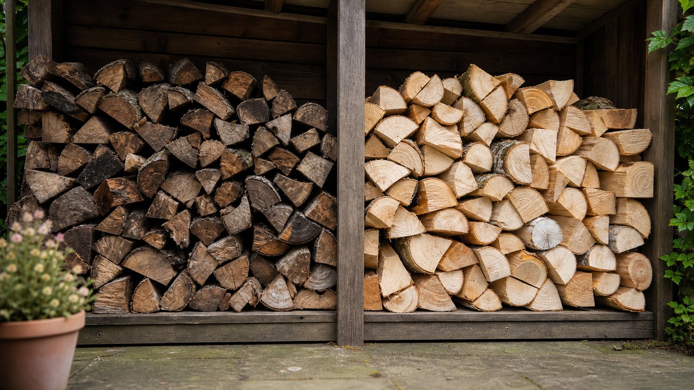 Two stacks of hardwood and softwood logs in a UK log store