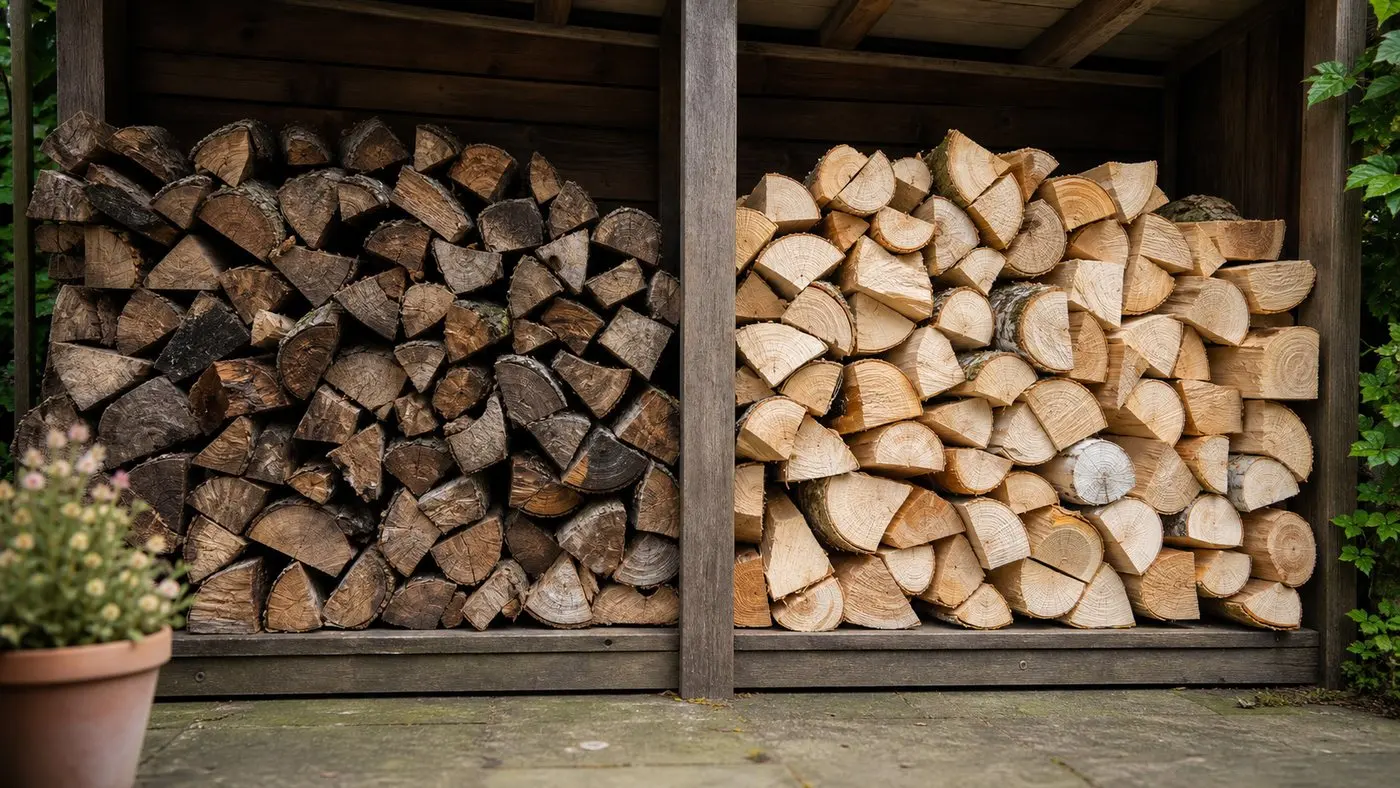 Two stacks of hardwood and softwood logs in a UK log store