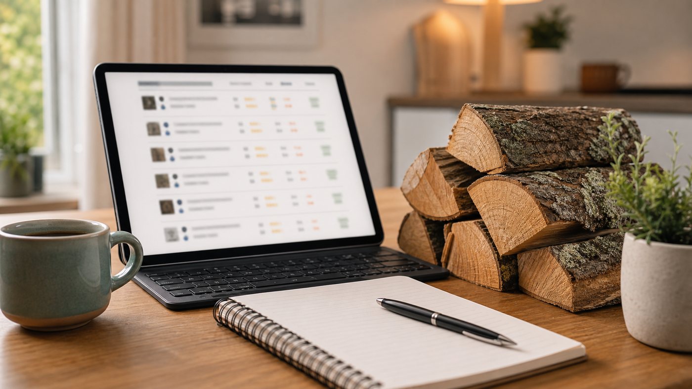 Tablet showing supplier listings beside a notebook and firewood logs