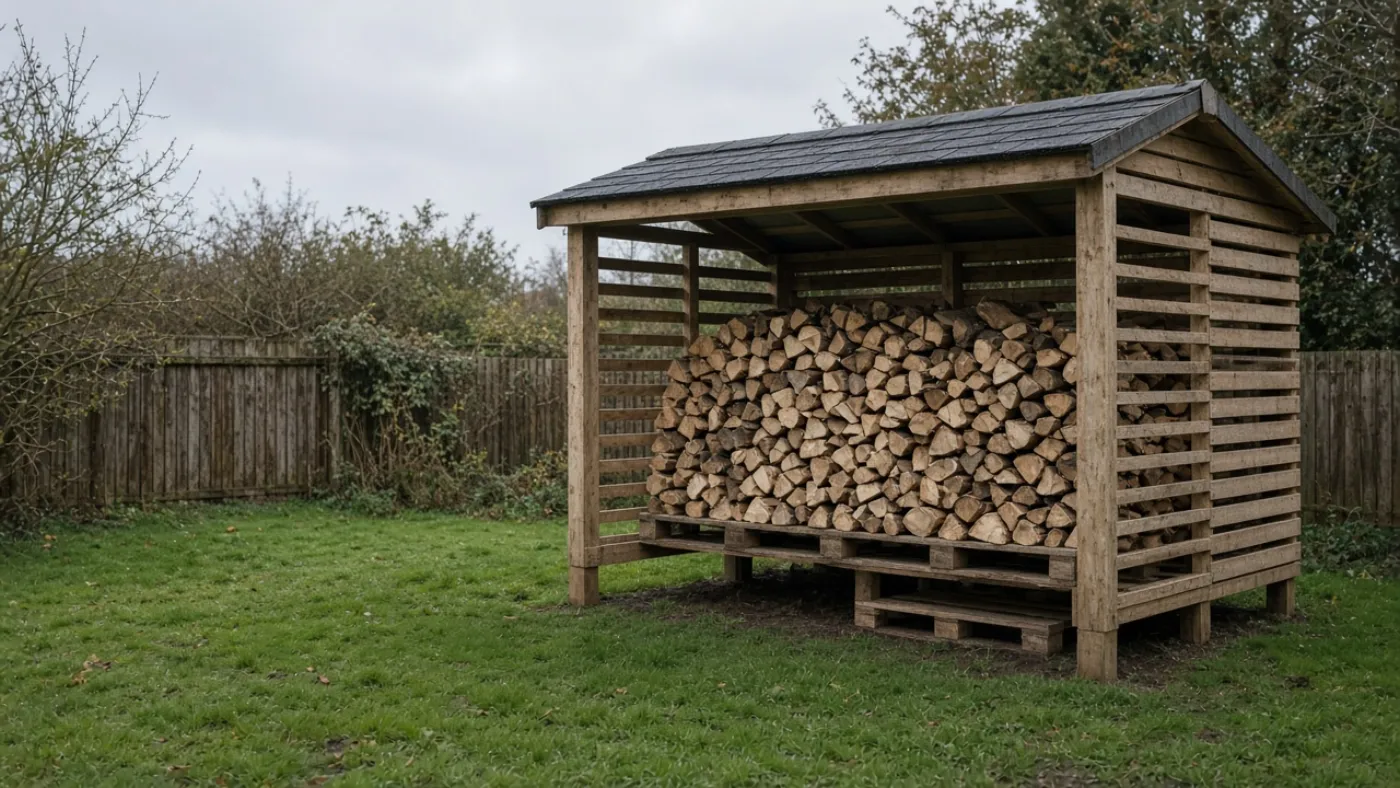 Outdoor log store with a roof, slatted sides and logs raised on a pallet
