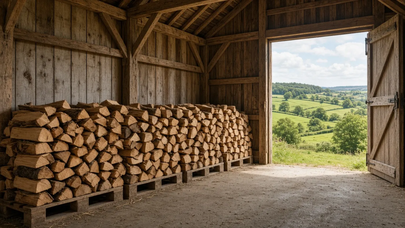 Pallet of kiln-dried logs stacked in a Sussex barn overlooking fields