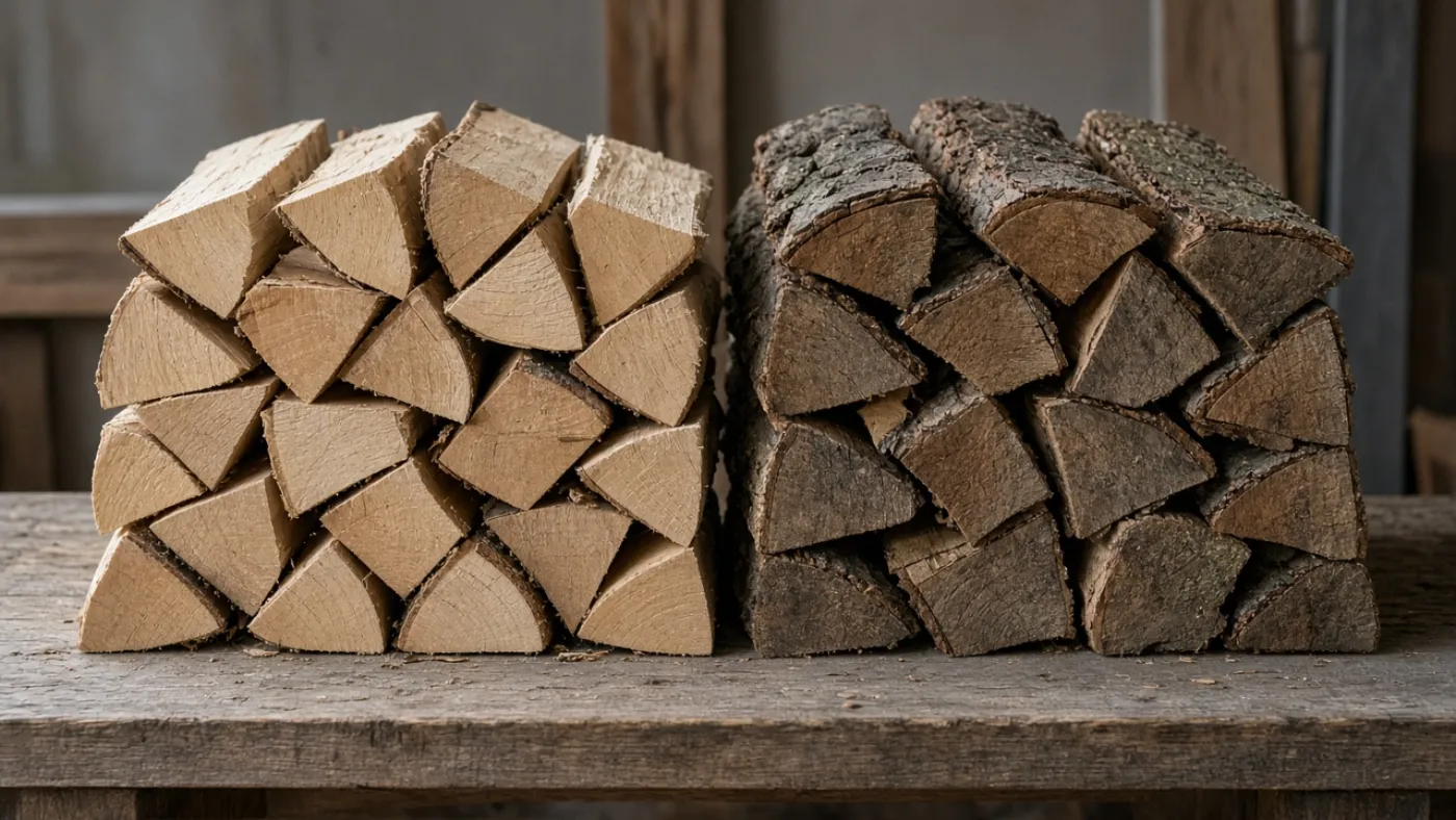 Pale kiln-dried split logs stacked beside darker bark-on seasoned logs