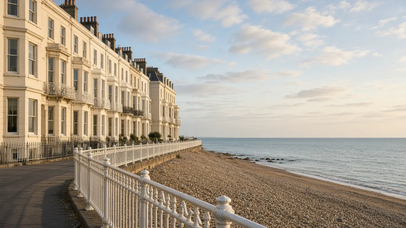 Cream seafront terraces and a pebble beach on the Brighton promenade