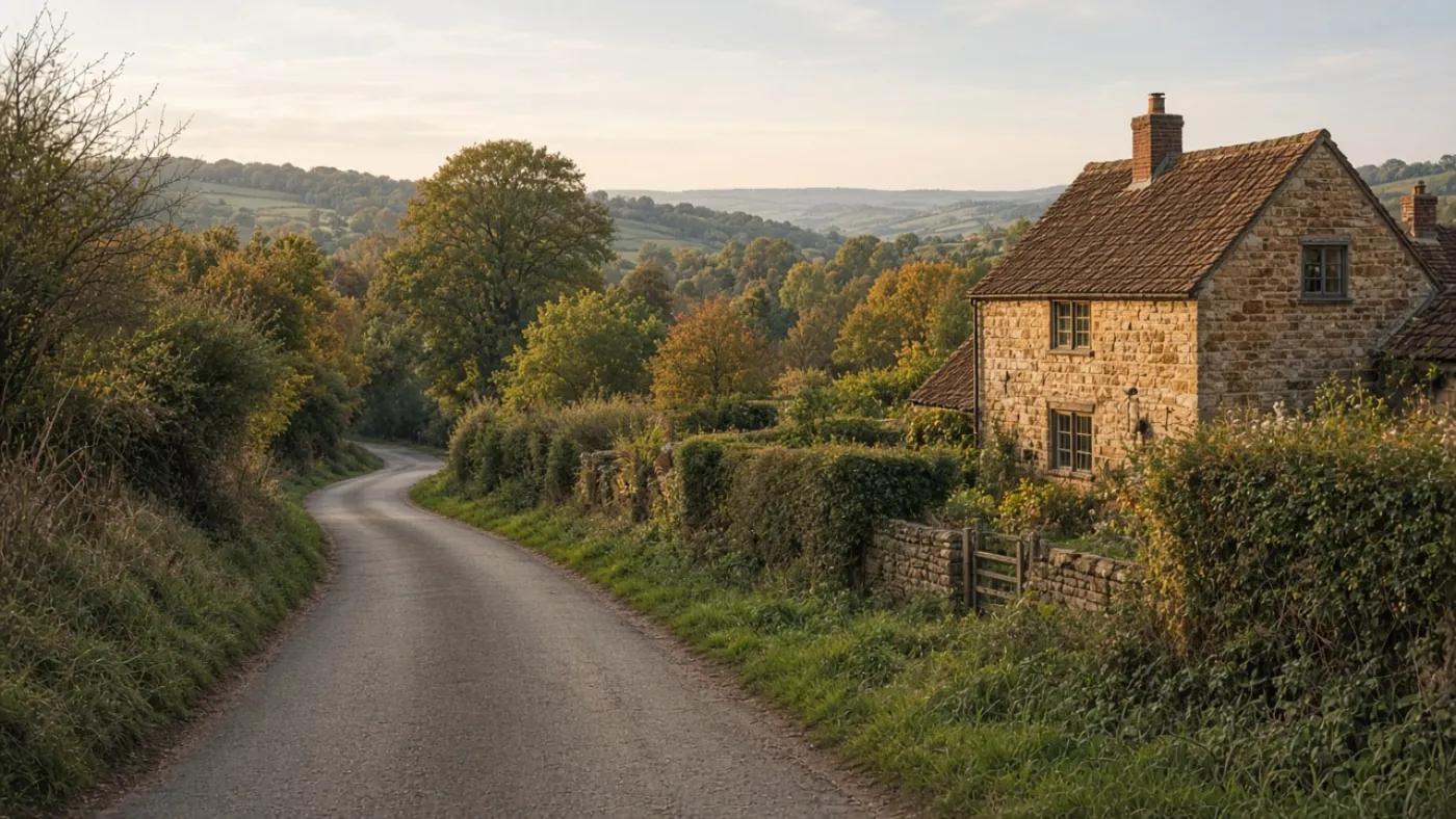 Country lane and stone cottage in the High Weald near East Grinstead