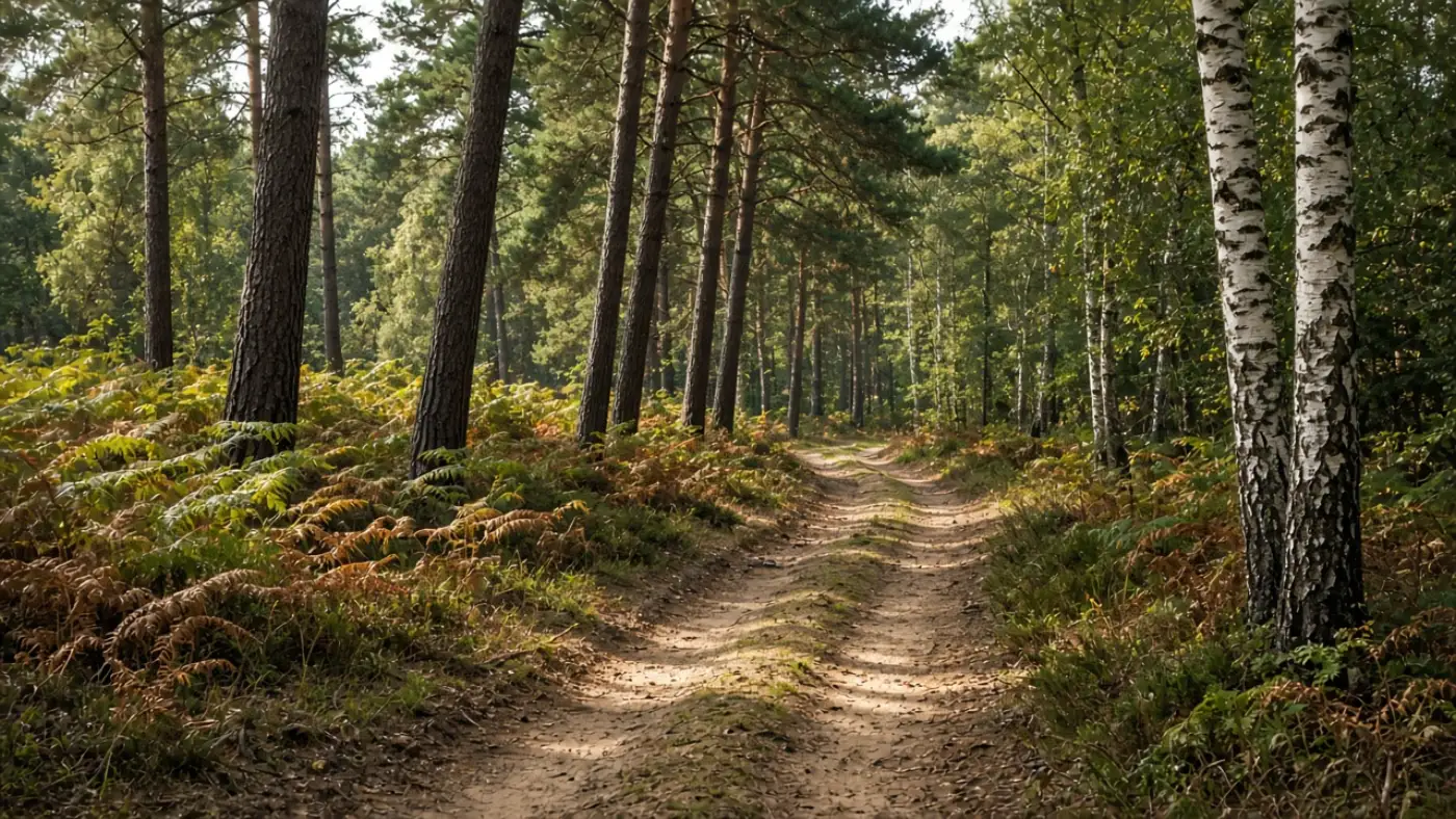 Sandy woodland path through pine and birch near Forest Row