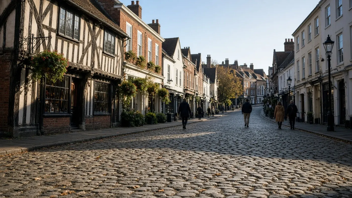 Cobbled Guildford High Street with timber-framed shops on an autumn morning