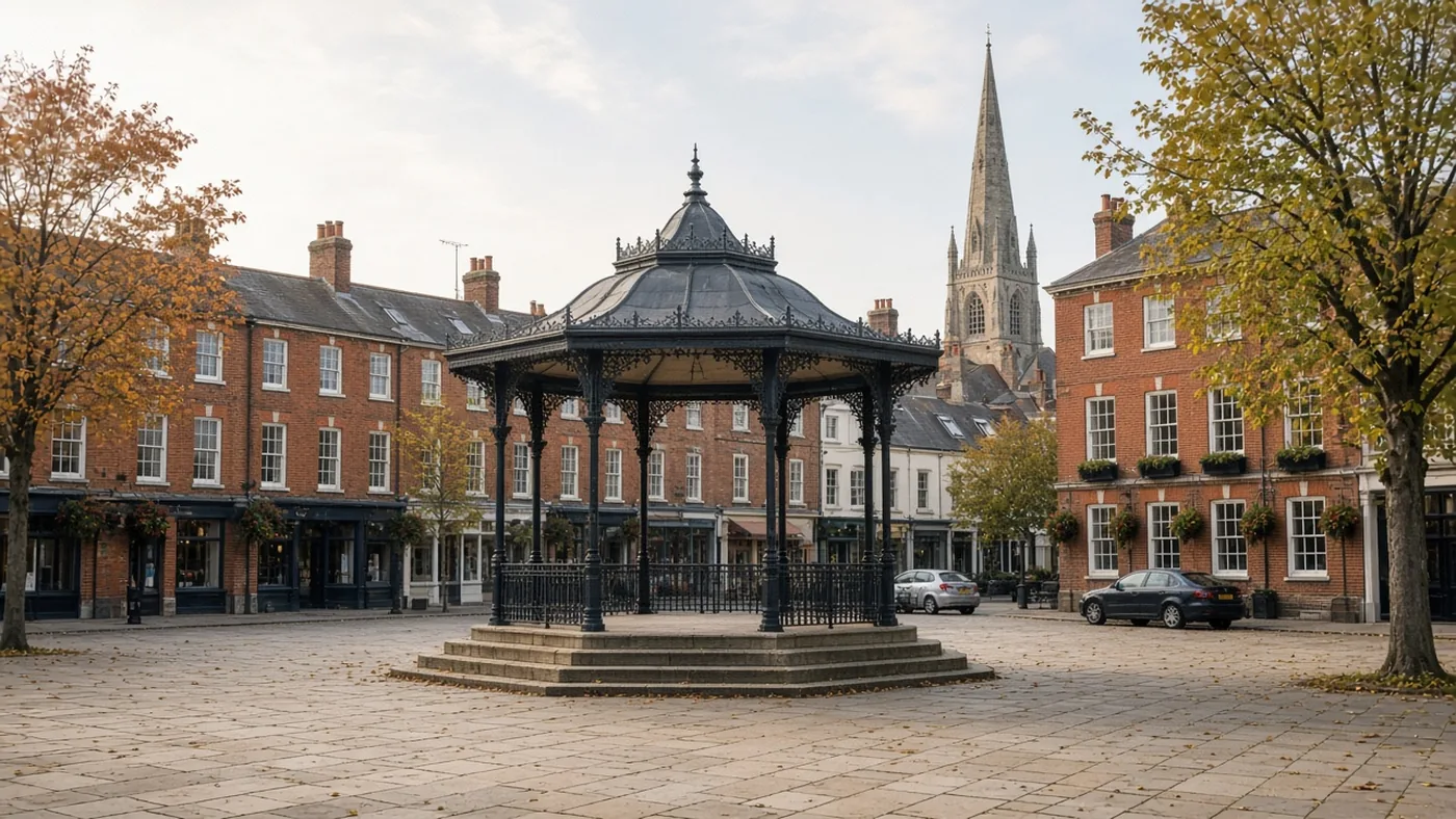 Victorian bandstand on a brick market square in a West Sussex town like Horsham