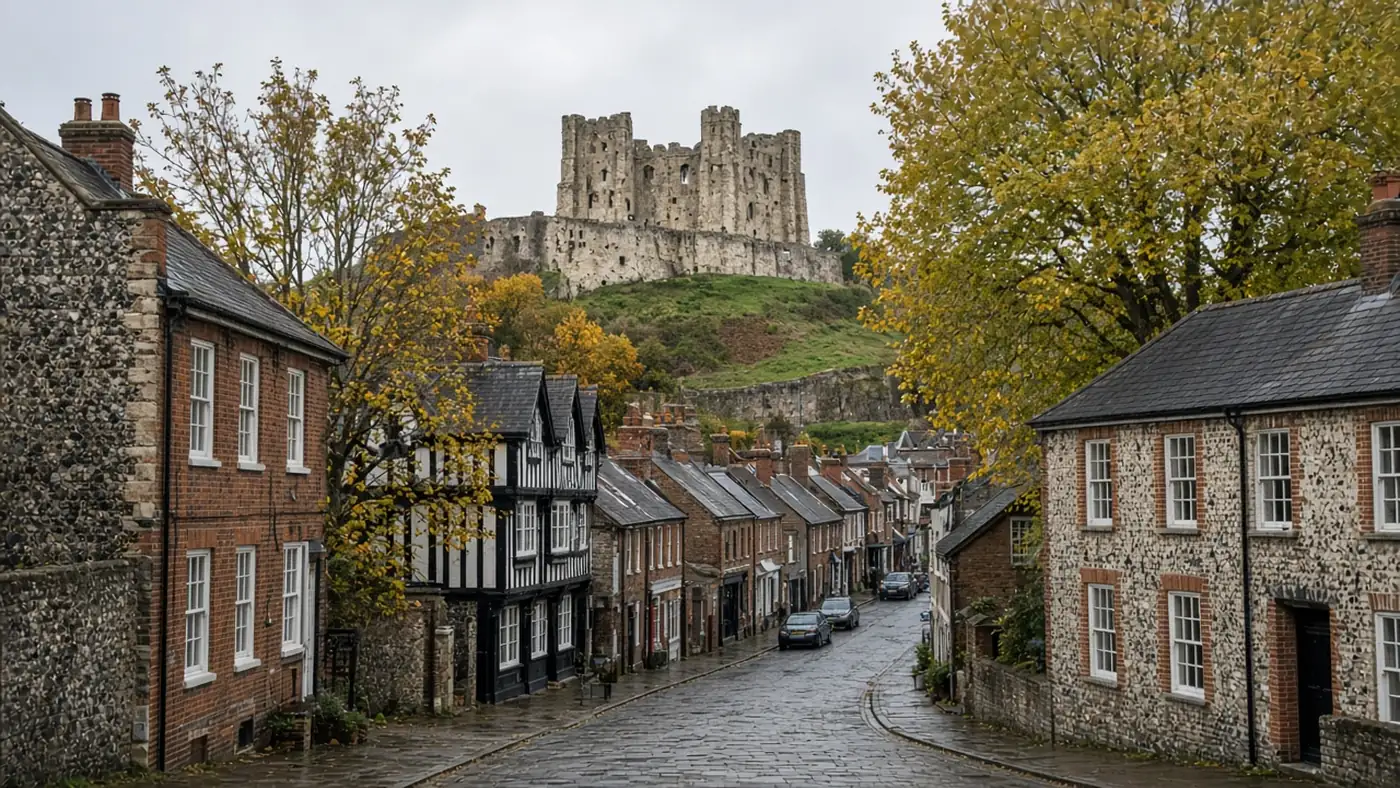 Wet cobbled street of flint and timber houses with a castle keep on a hill in an East Sussex town like Lewes