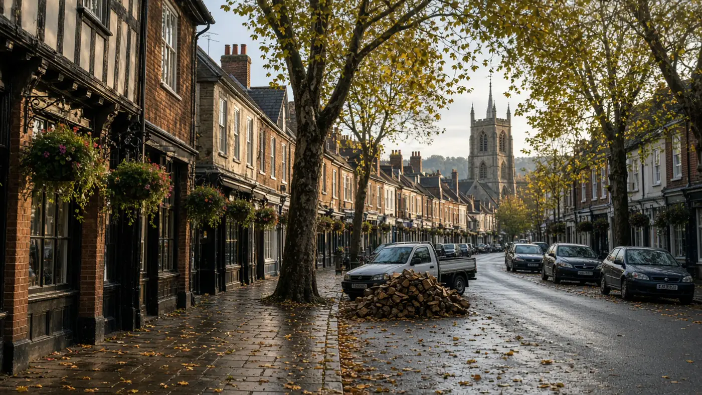 Autumn high street with timbered shops, a church tower and a pickup of split logs in a Kent town like Sevenoaks