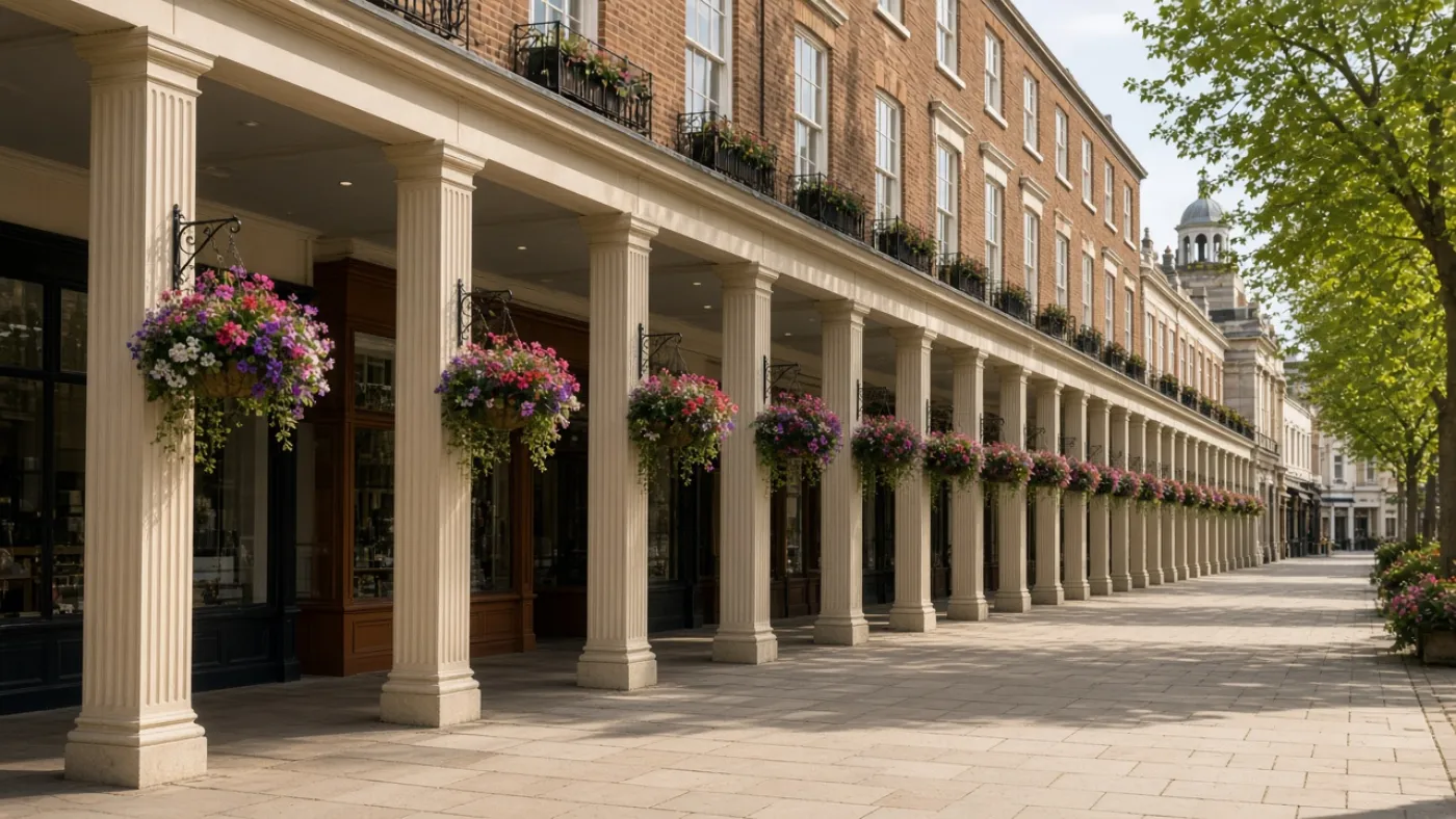 Georgian colonnade and hanging baskets on a Tunbridge Wells style street