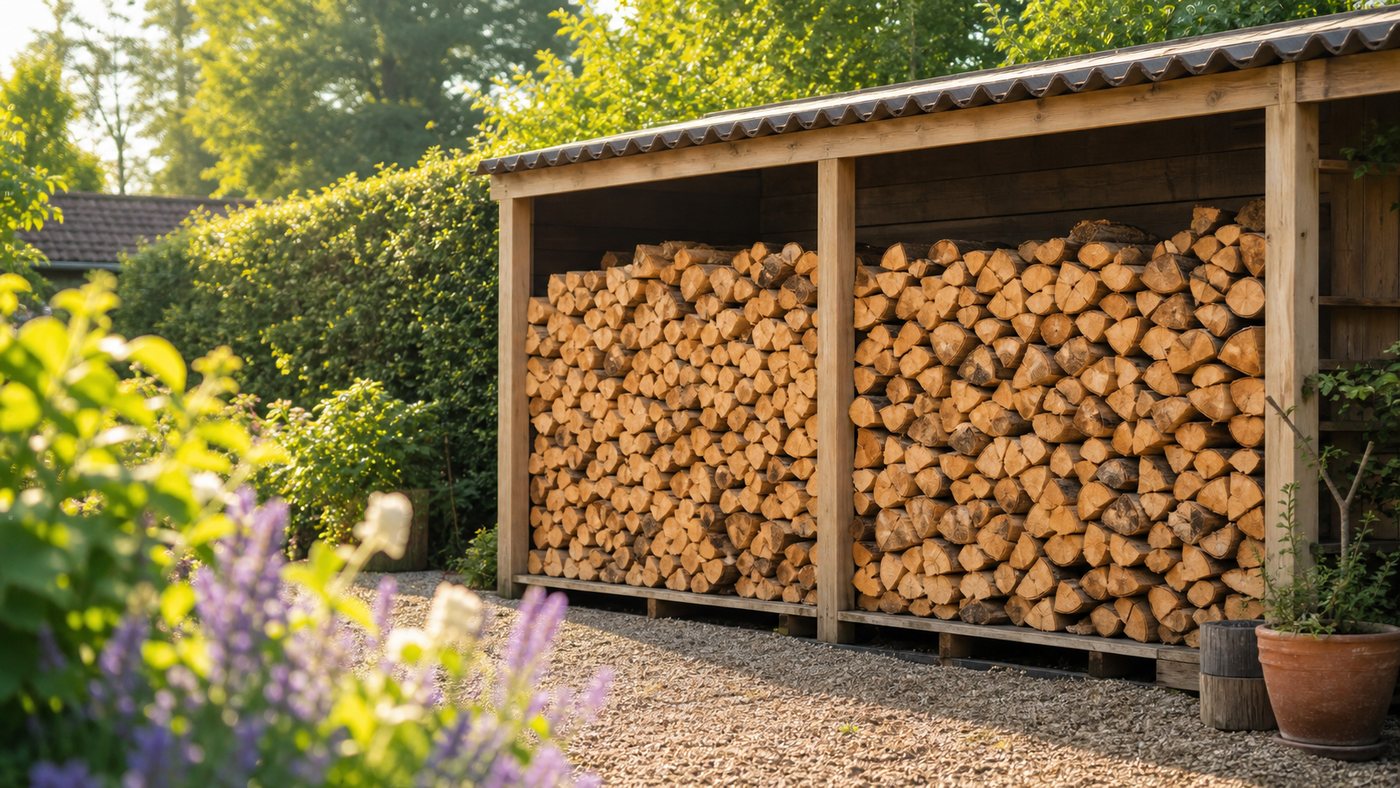 Dry logs stored in a sunny UK garden log shelter