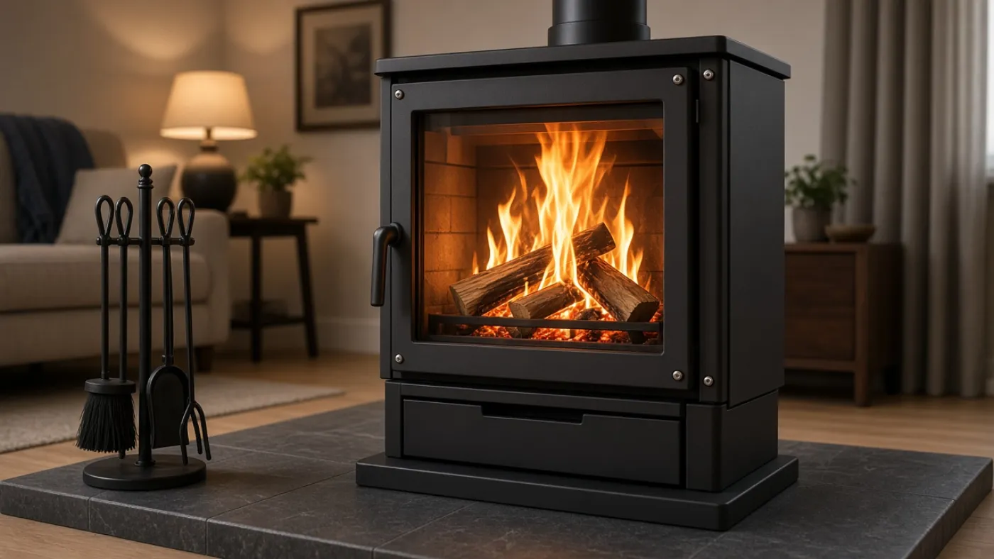 Modern wood-burning stove with a bright clean flame behind glass